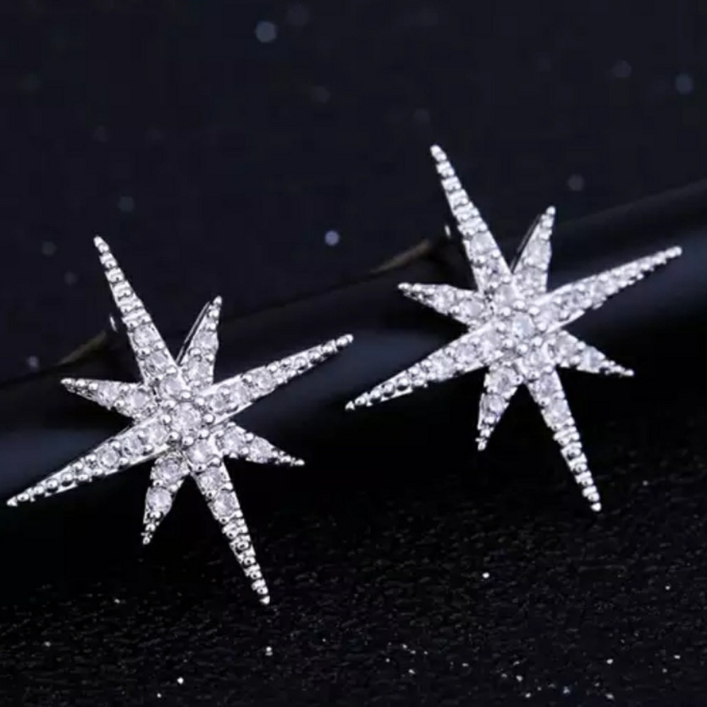 Silver Diamond Star Stud Earrings ear ring - Picture 3 of 6